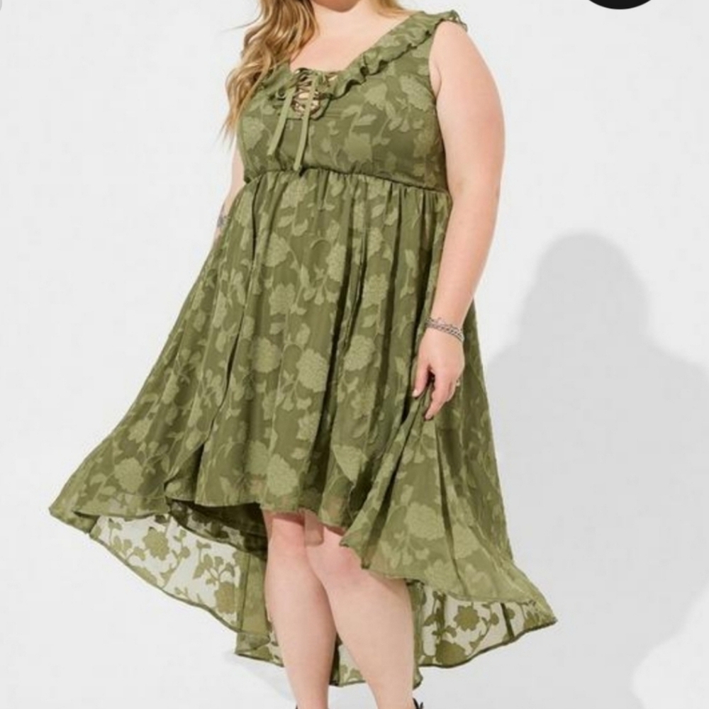 Torrid NWT Stretch Lace Hi Lo Maxi Dress Olivine size 1x